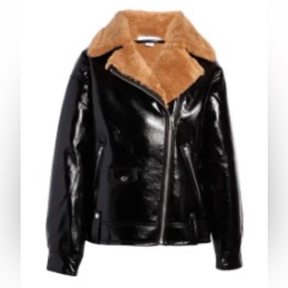 Topshop Black Leather Jacket with Tan Lining